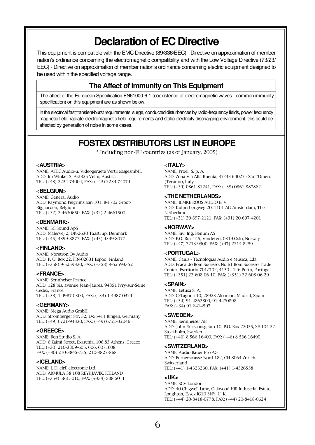 Fostex 6301D owner manual Declaration of EC Directive 