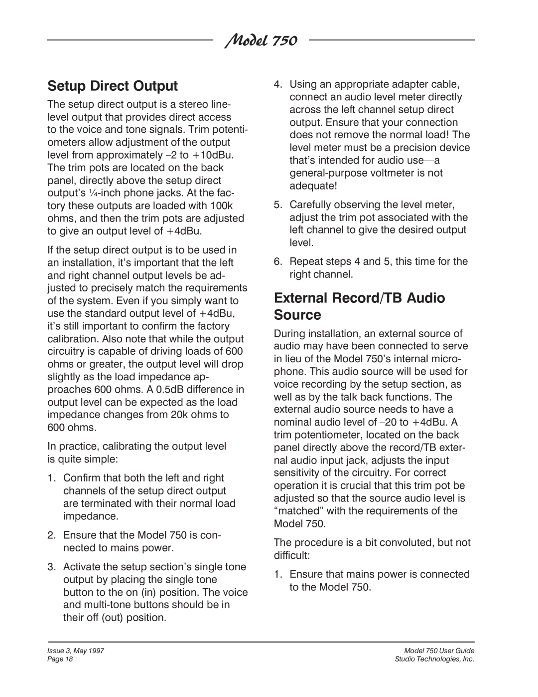 Fostex 750 manual Setup Direct Output, External Record/TB Audio Source 