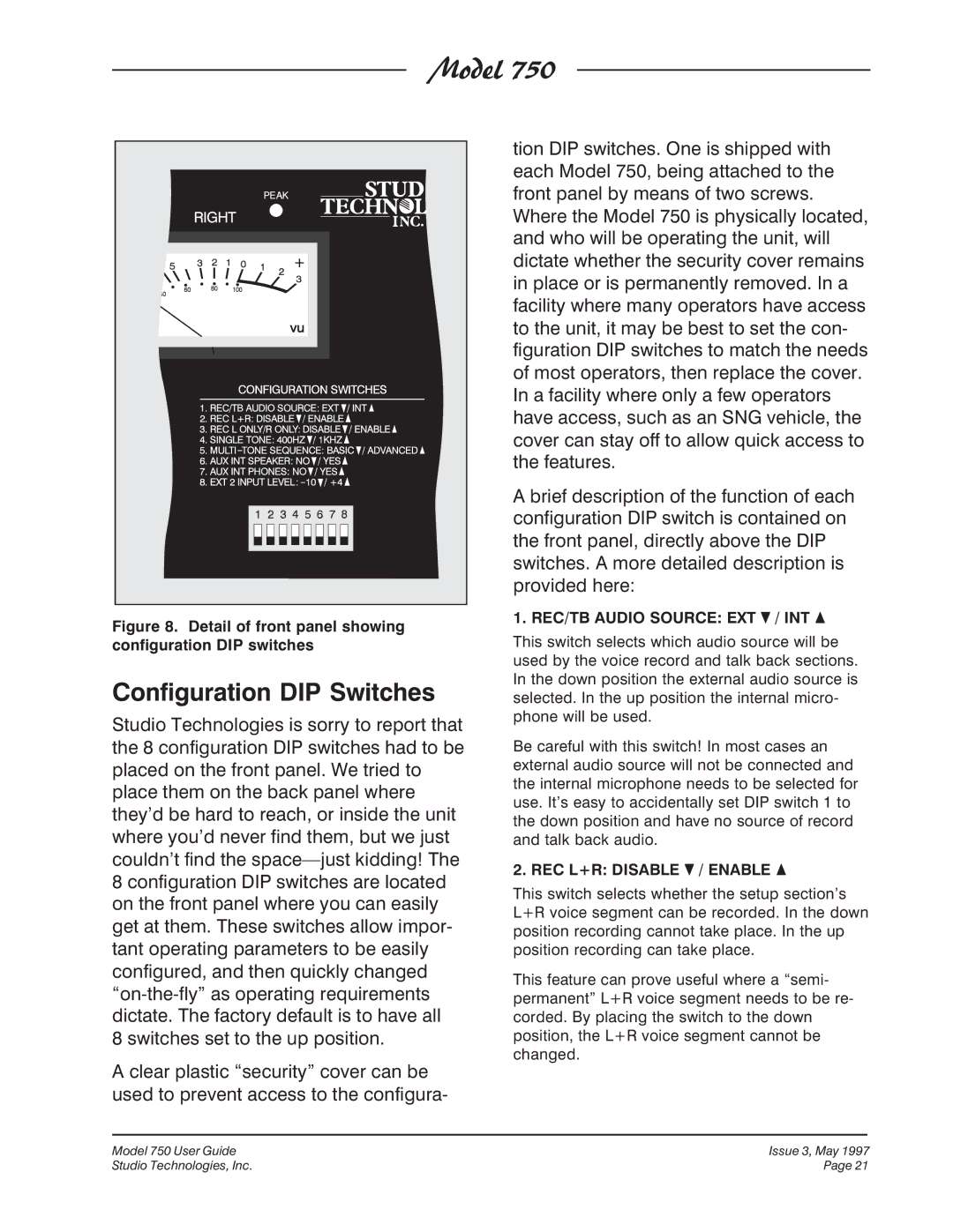 Fostex 750 manual Configuration DIP Switches, REC/TB Audio Source EXT / INT 