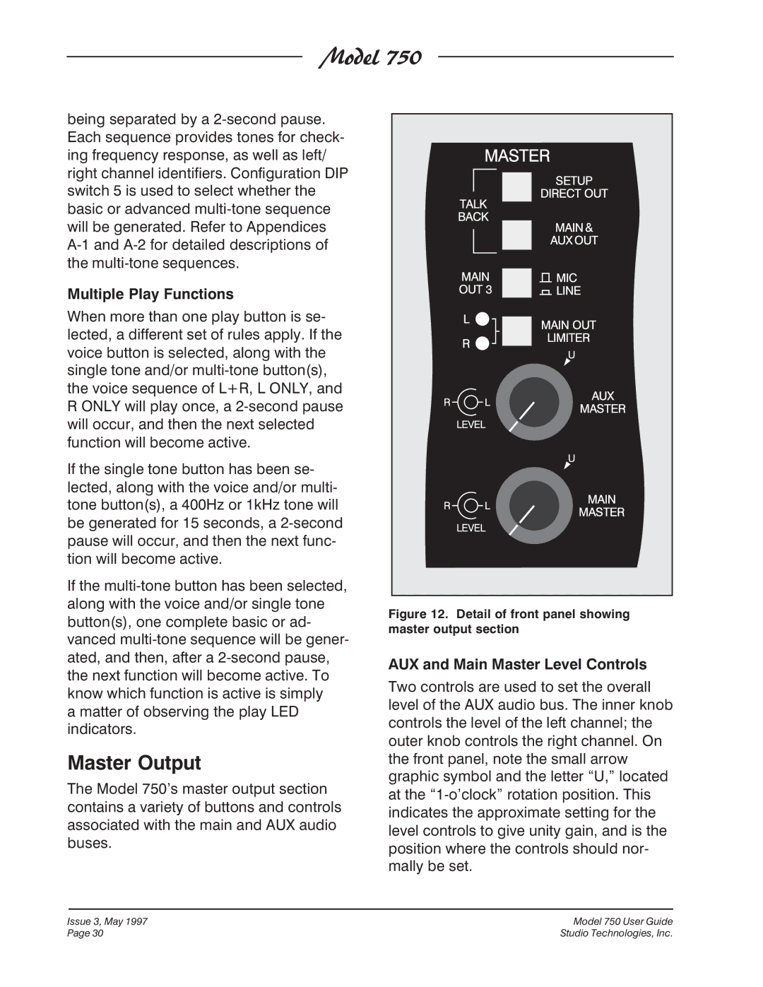 Fostex 750 manual Master Output, Detail of front panel showing master output section 