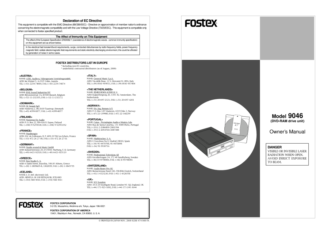 Fostex 9046 owner manual Declaration of EC Directive, DVD-RAM drive unit, Affect of Immunity on This Equipment 