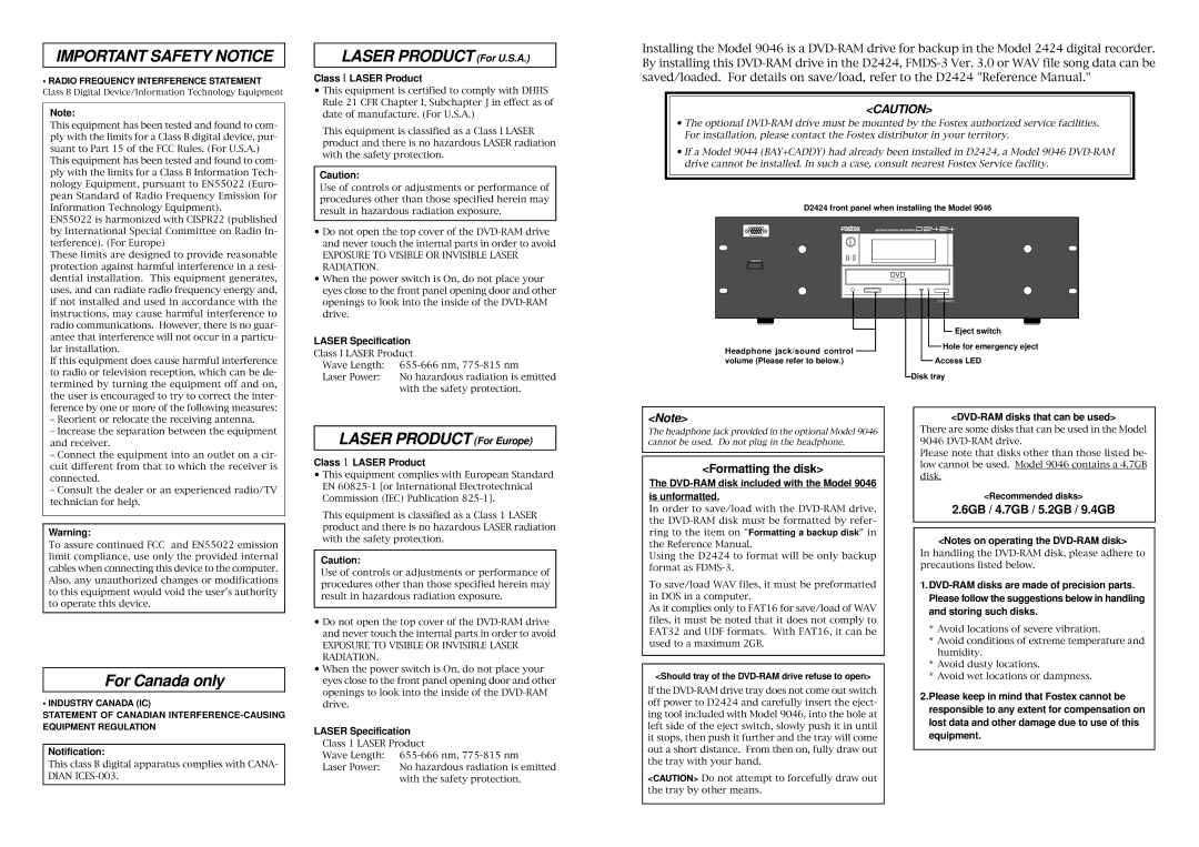 Fostex 9046 owner manual Formatting the disk, 6GB / 4.7GB / 5.2GB / 9.4GB 