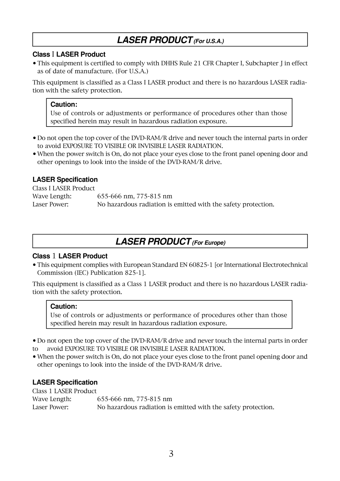 Fostex 9047 owner manual Laser Product For U.S.A, Laser Product For Europe, Class I Laser Product, Laser Specification 