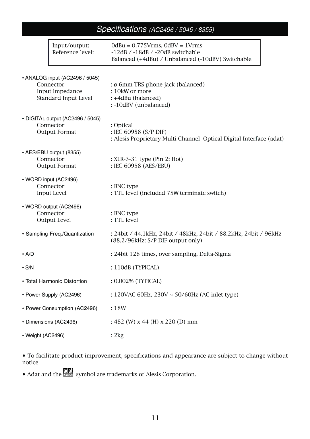 Fostex owner manual Analog input AC2496, Digital output AC2496, AES/EBU output, Word input AC2496, Word output AC2496 