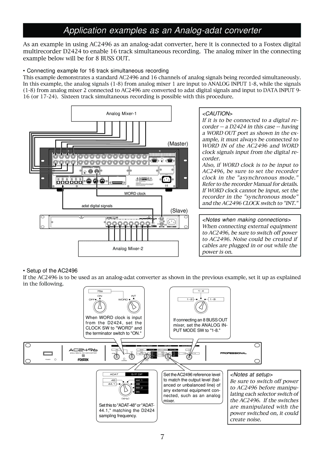 Fostex AC2496 Application examples as an Analog-adat converter, Connecting example for 16 track simultaneous recording 