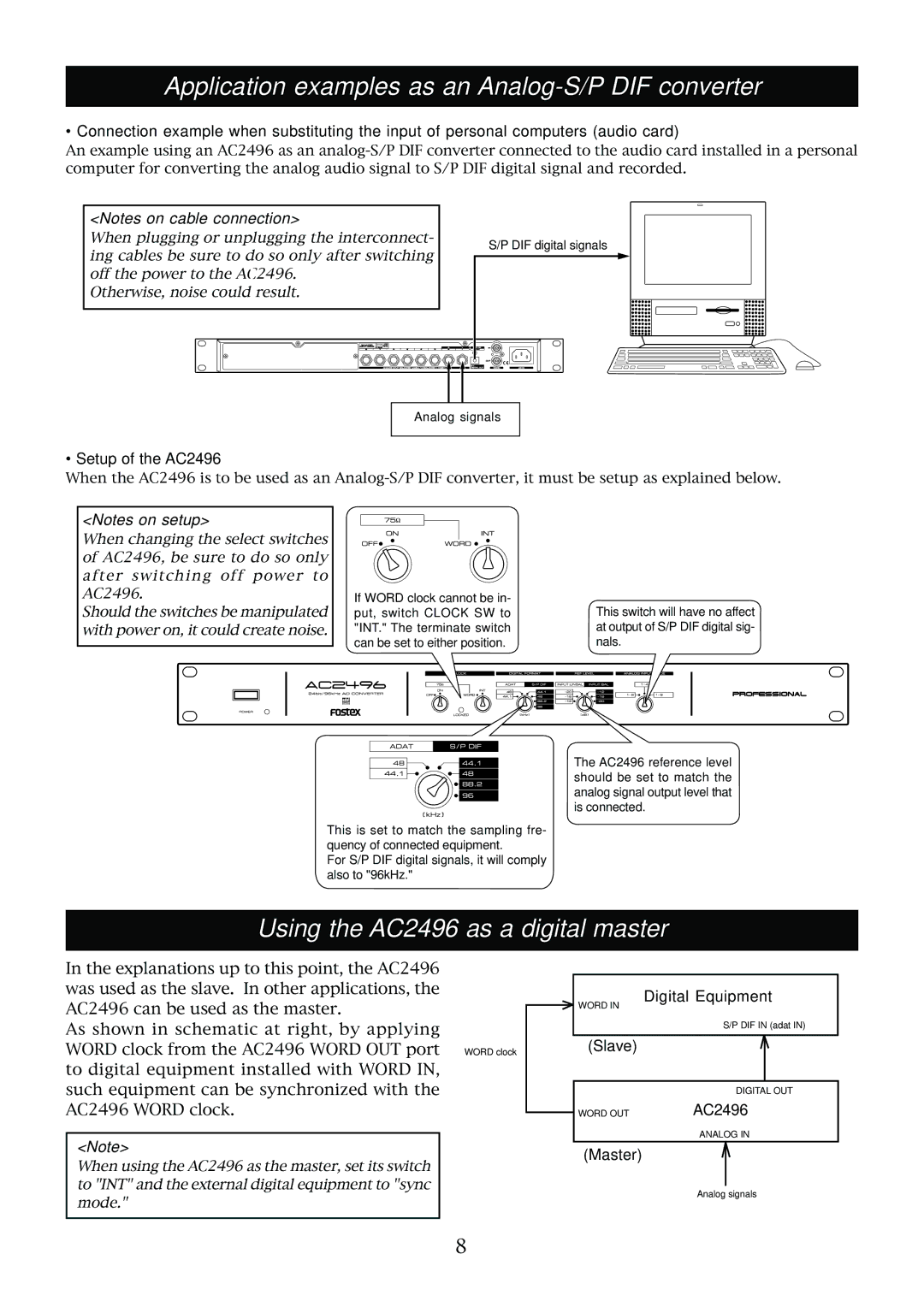 Fostex Application examples as an Analog-S/P DIF converter, Using the AC2496 as a digital master, Digital Equipment 