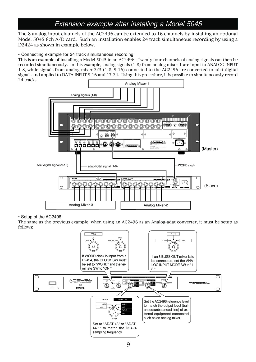 Fostex AC2496 Extension example after installing a Model, Connecting example for 24 track simultaneous recording 