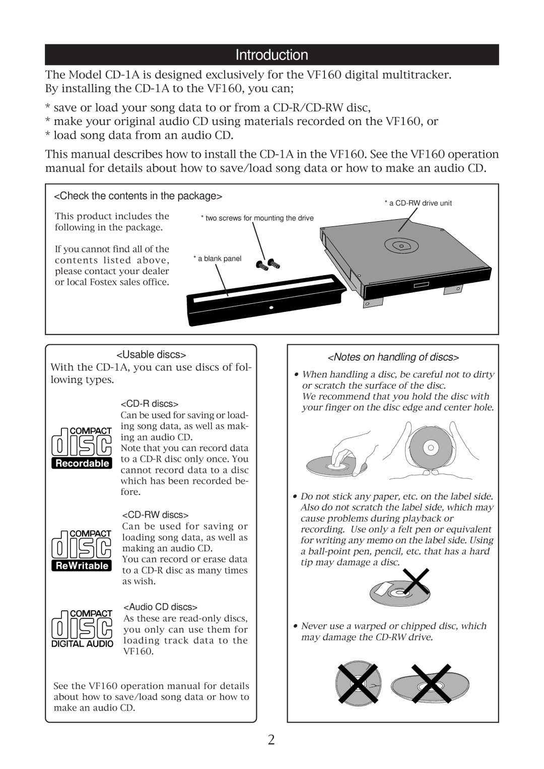 Fostex CD-1A installation manual Introduction, Check the contents in the package 