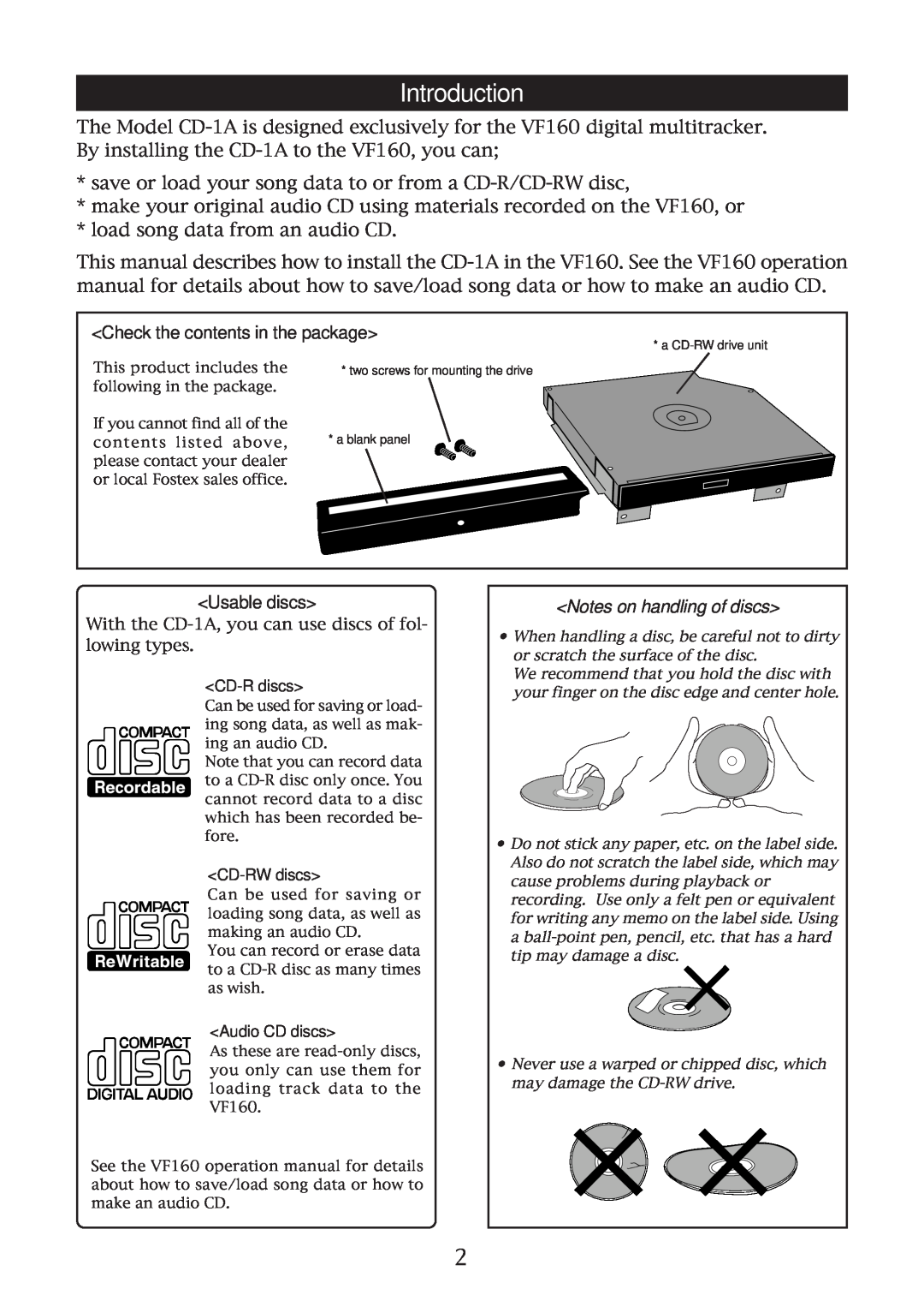 Fostex CD-1A installation manual Introduction, Check the contents in the package, Usable discs, Notes on handling of discs 