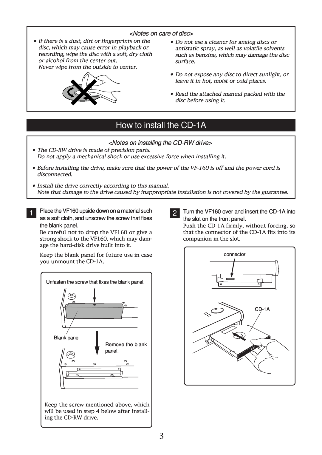 Fostex installation manual How to install the CD-1A, Notes on care of disc, Notes on installing the CD-RW drive 