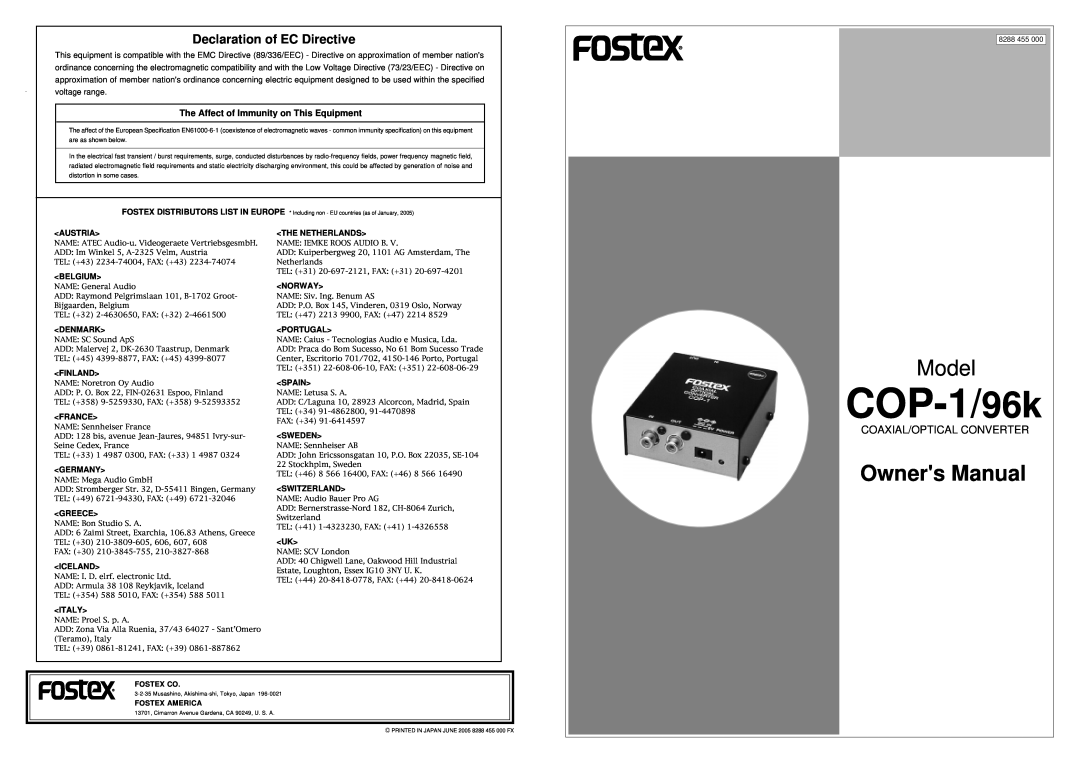 Fostex COP-1/96k owner manual Declaration of EC Directive, Model, Owners Manual, Coaxial/Optical Converter 
