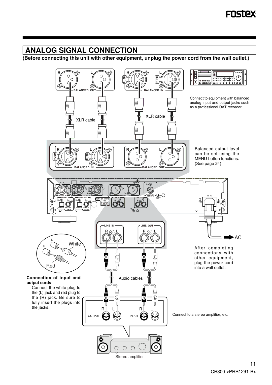 Fostex CR300 owner manual Analog Signal Connection 