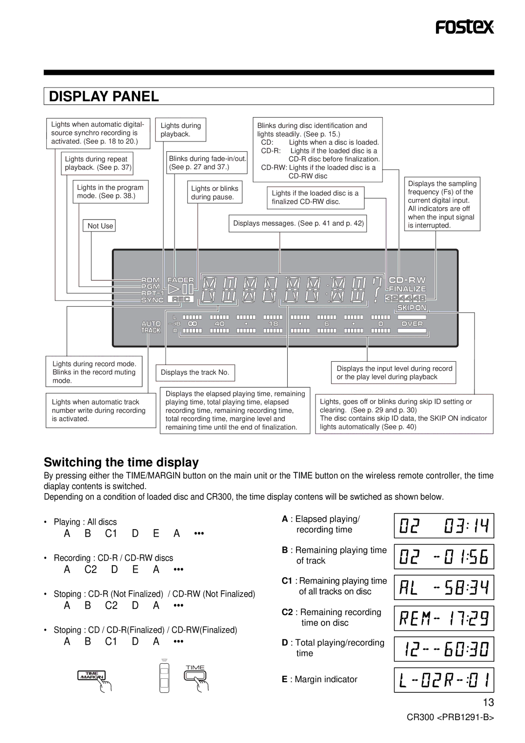 Fostex CR300 owner manual Switching the time display 