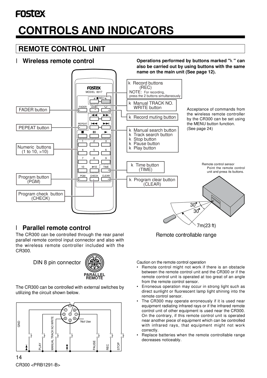 Fostex CR300 owner manual Wireless remote control, Parallel remote control, Operations performed by buttons marked can 