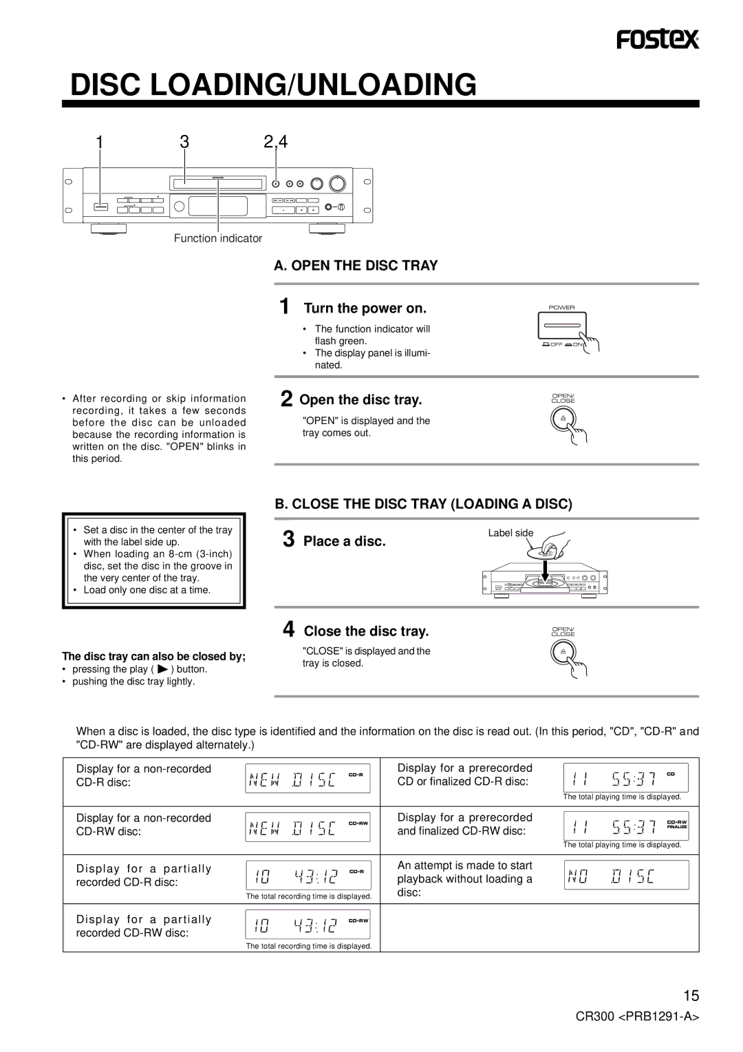 Fostex CR300 Disc LOADING/UNLOADING, 2,4, Turn the power on, Open the disc tray, Place a disc Close the disc tray 