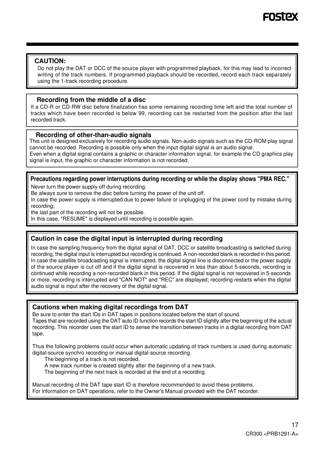 Fostex CR300 owner manual Recording from the middle of a disc, Recording of other-than-audio signals 