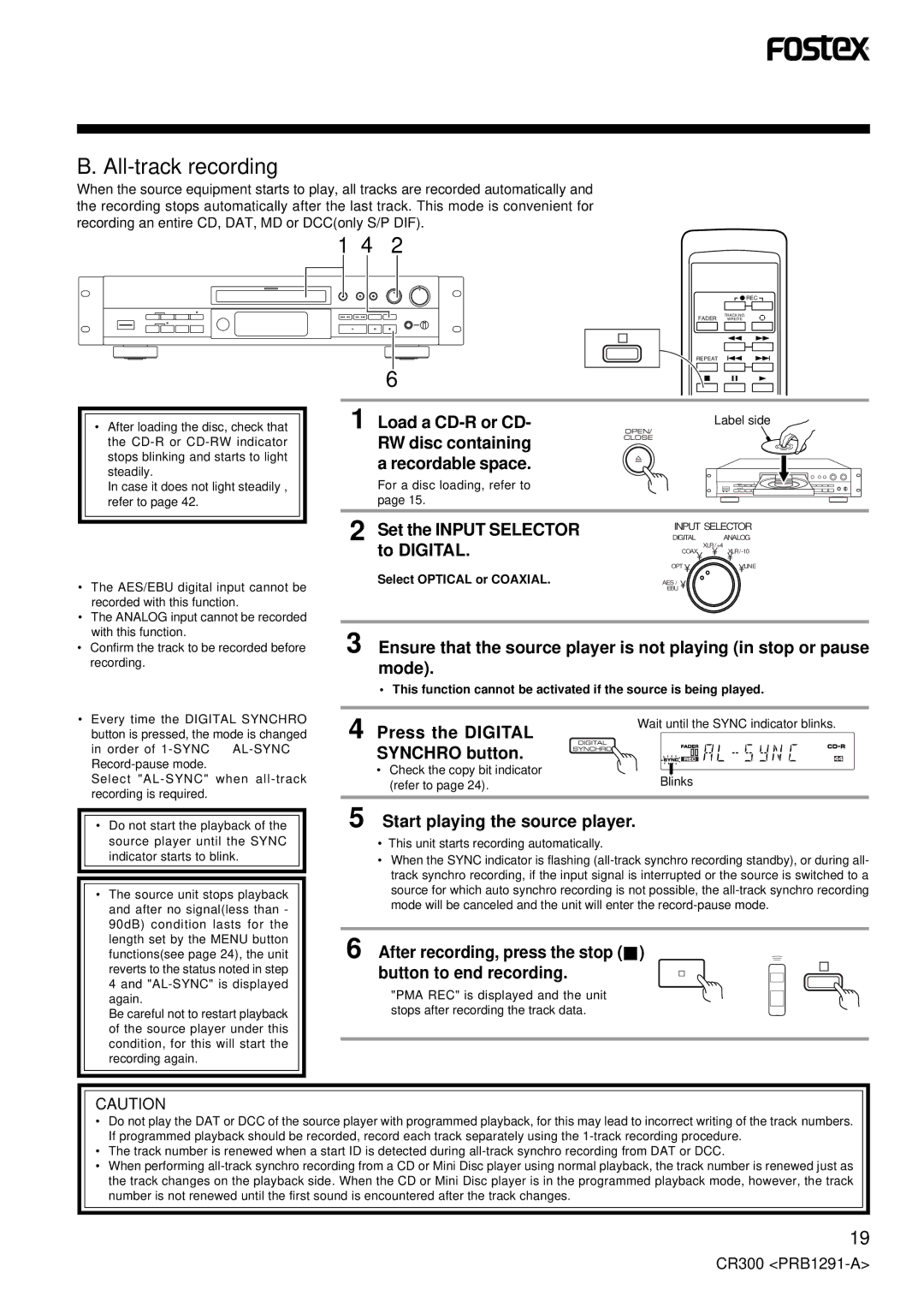 Fostex CR300 owner manual All-track recording, Load a CD-R or CD, RW disc containing Recordable space 