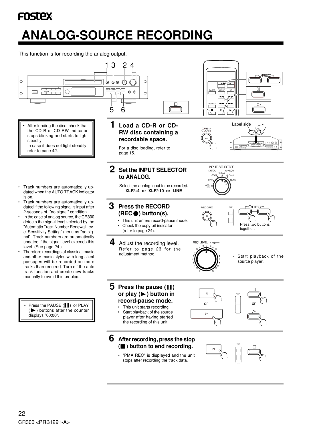 Fostex CR300 ANALOG-SOURCE Recording, RW disc containing a Recordable space, To Analog, Adjust the recording level 
