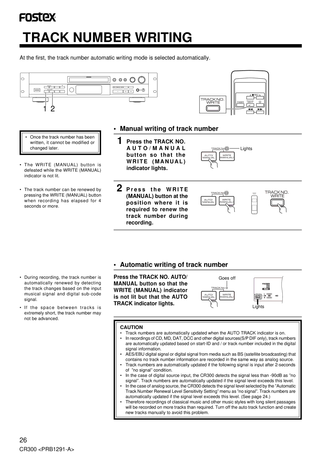 Fostex CR300 owner manual Track Number Writing, Manual writing of track number, Automatic writing of track number 