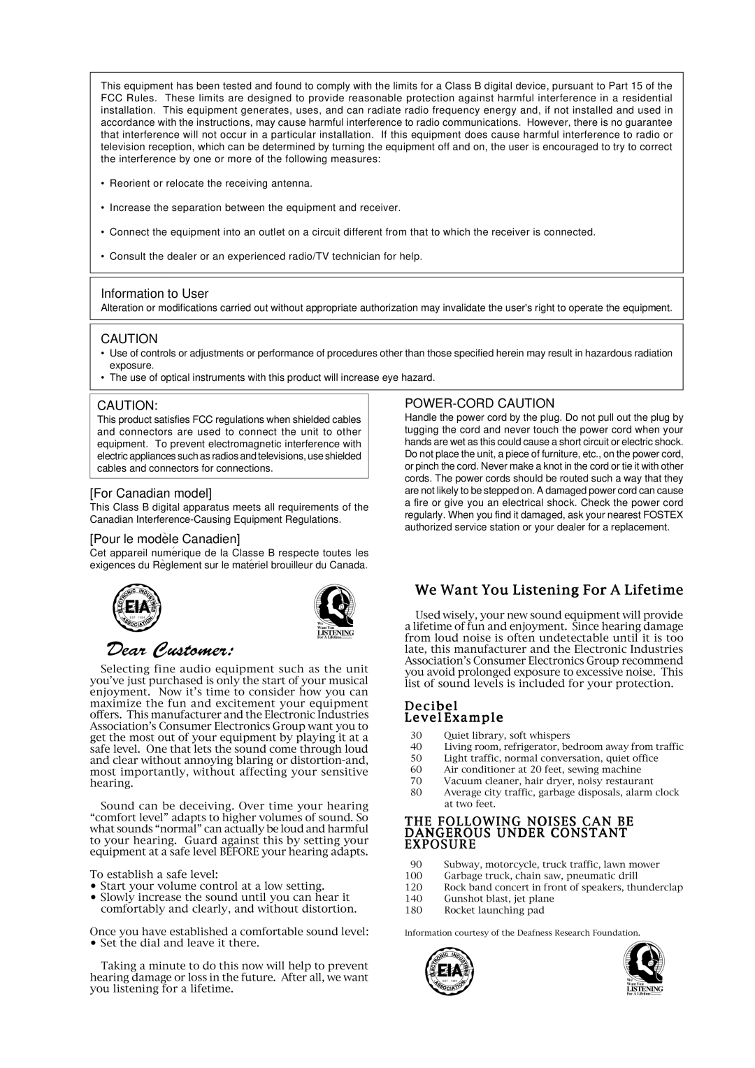 Fostex CR300 owner manual Information to User, For Canadian model, Pour le modele Canadien 