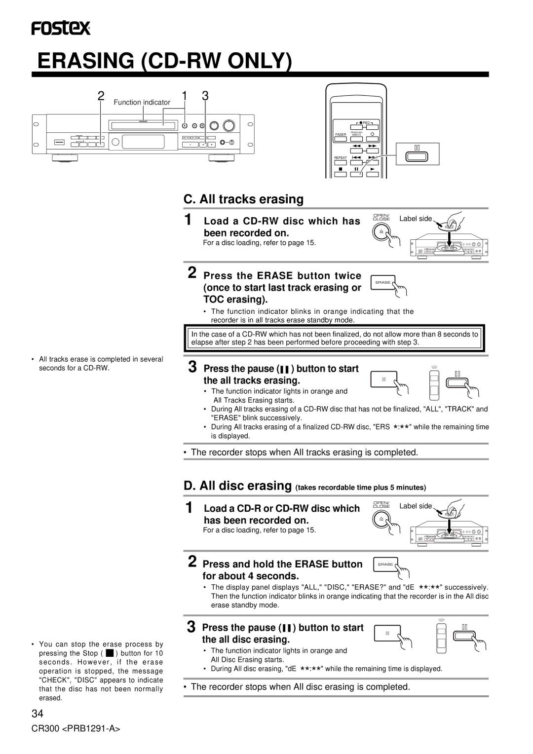 Fostex CR300 owner manual All tracks erasing 