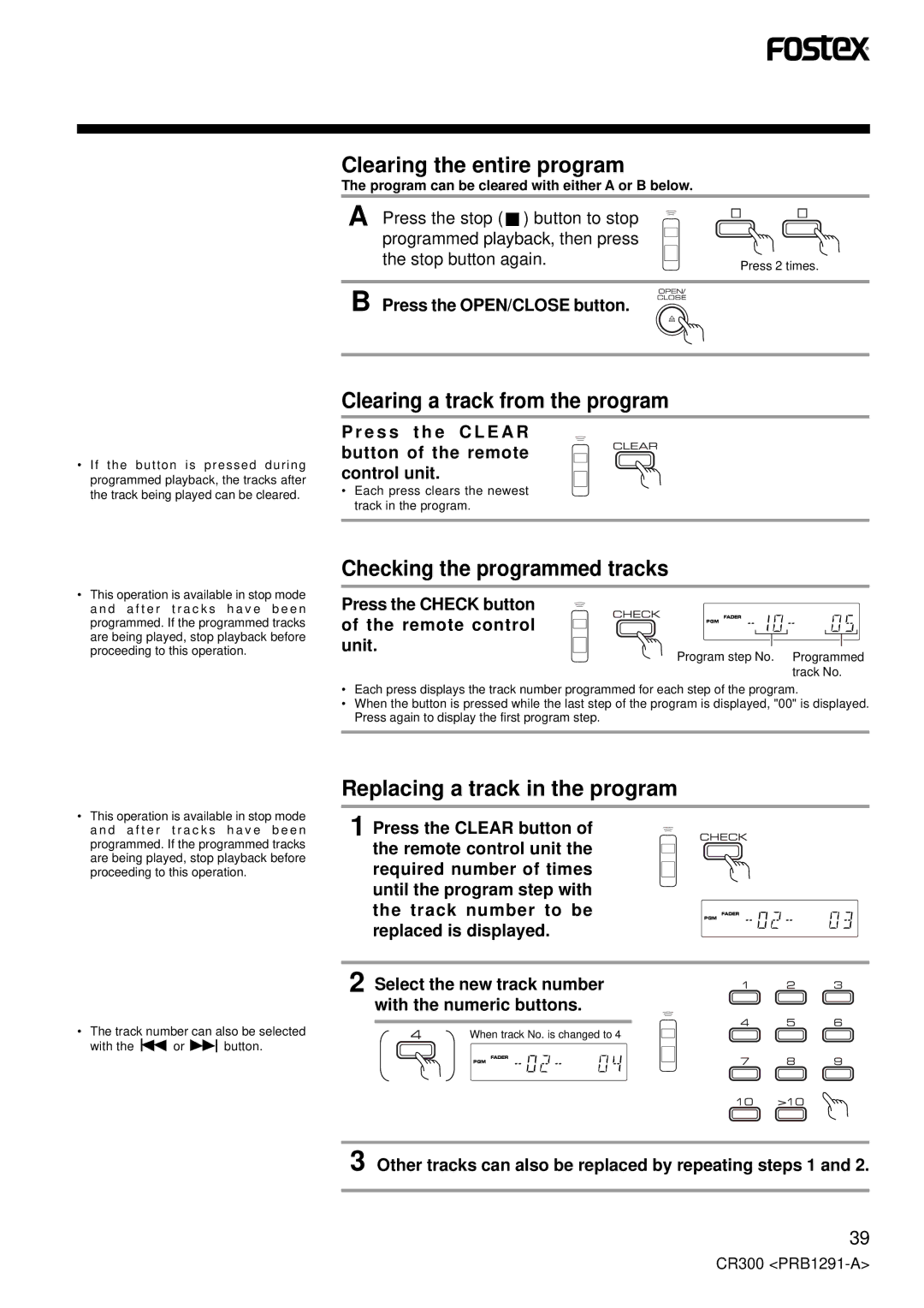 Fostex CR300 owner manual Clearing the entire program, Clearing a track from the program, Checking the programmed tracks 