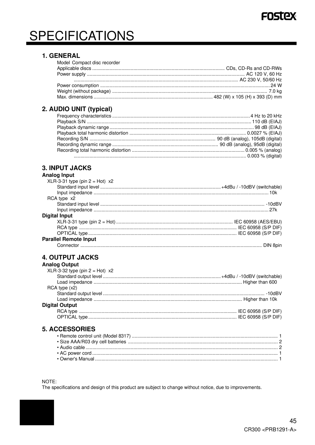 Fostex CR300 owner manual Audio Unit typical 