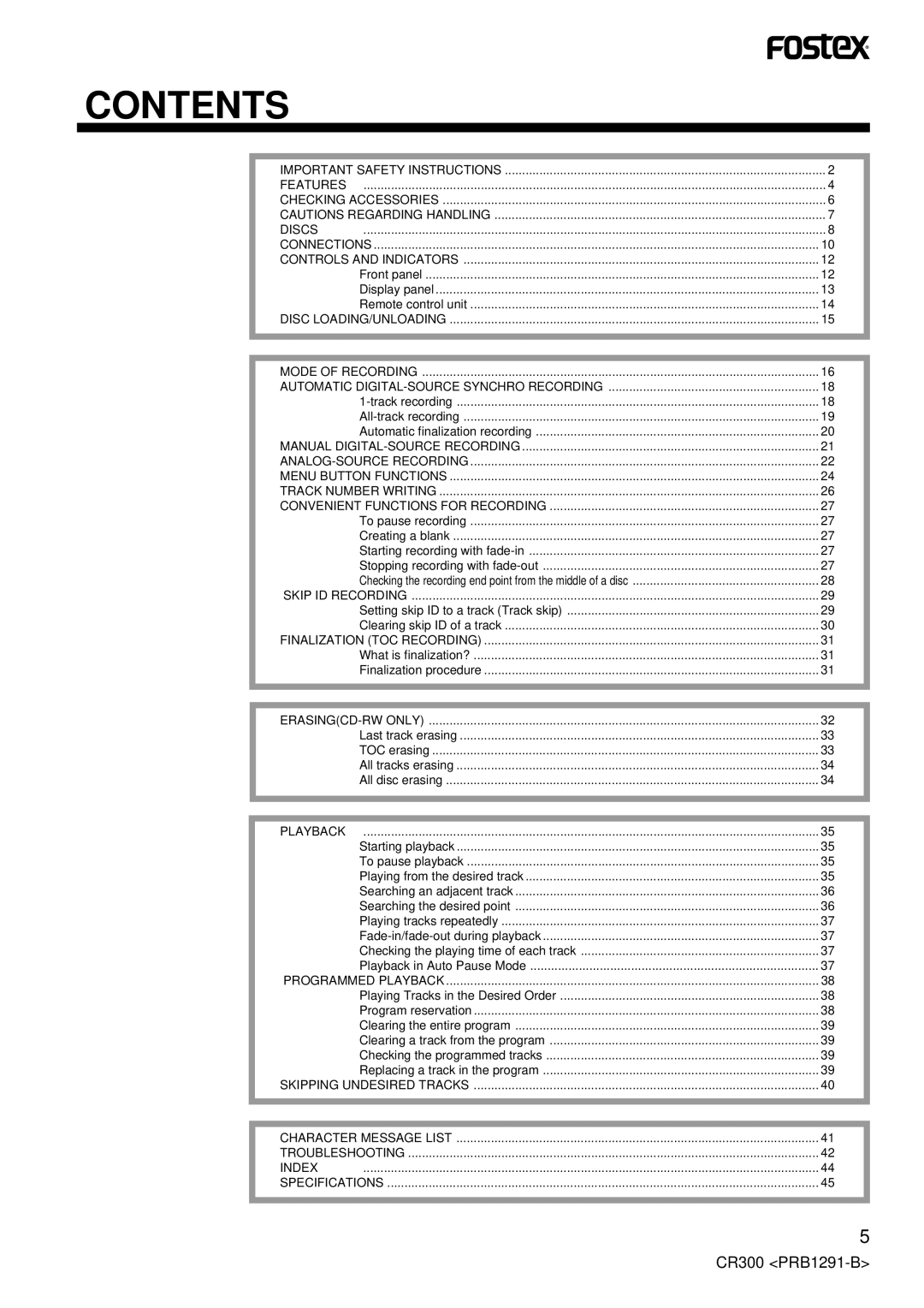 Fostex CR300 owner manual Contents 