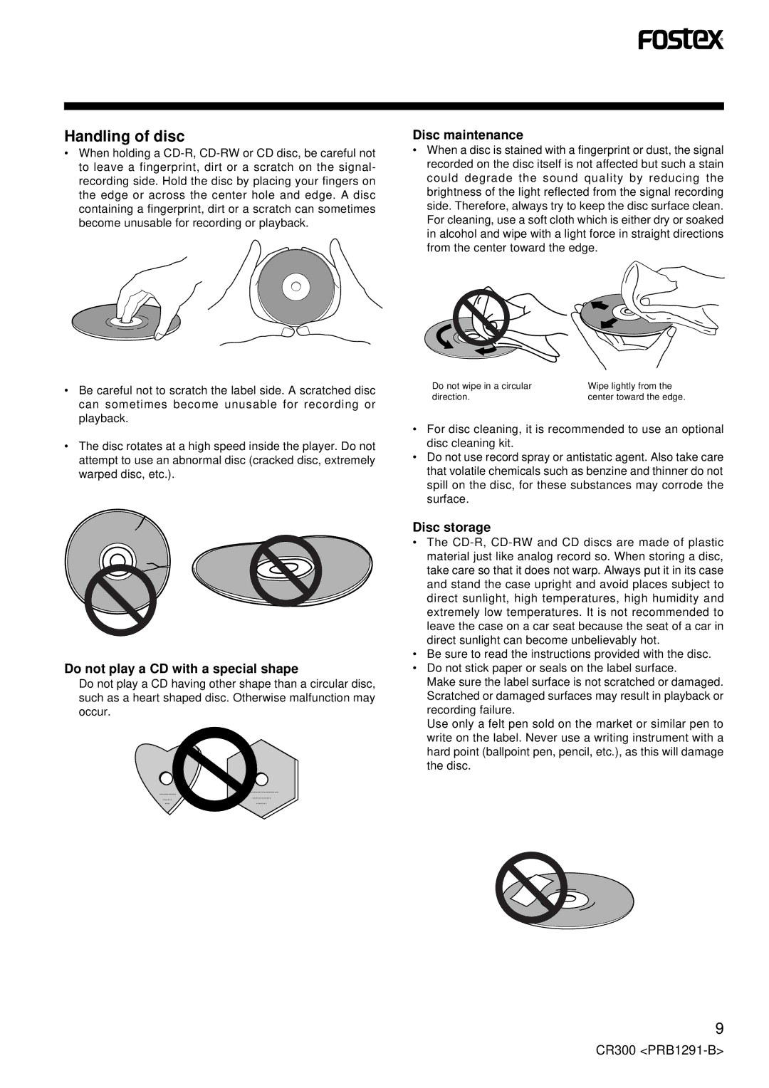 Fostex CR300 owner manual Handling of disc, Do not play a CD with a special shape, Disc maintenance, Disc storage 