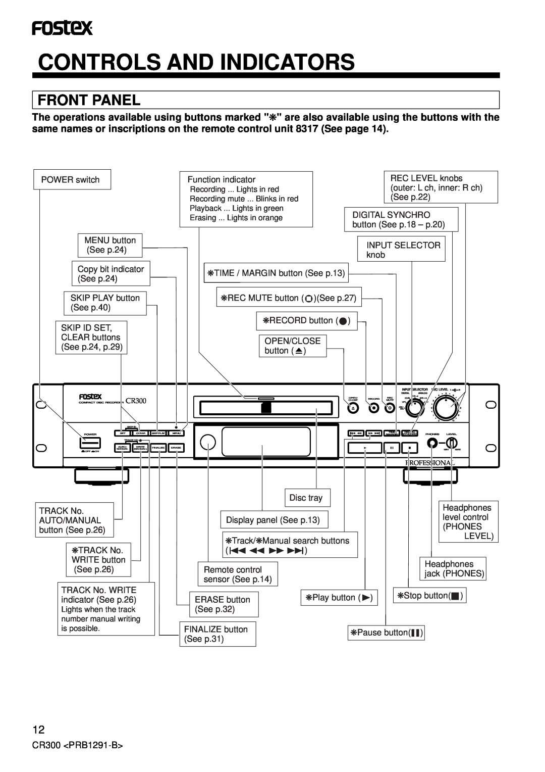 Fostex CR300 owner manual Controls And Indicators, Front Panel 