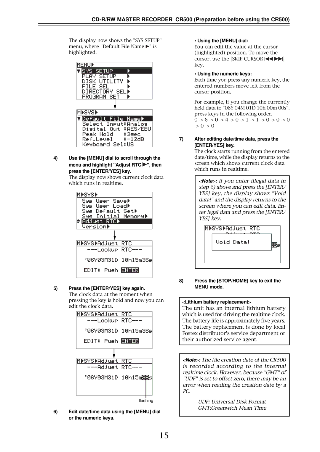 Fostex CR500 Press the ENTER/YES key again, Using the numeric keys, After editing date/time data, press the ENTER/YES key 