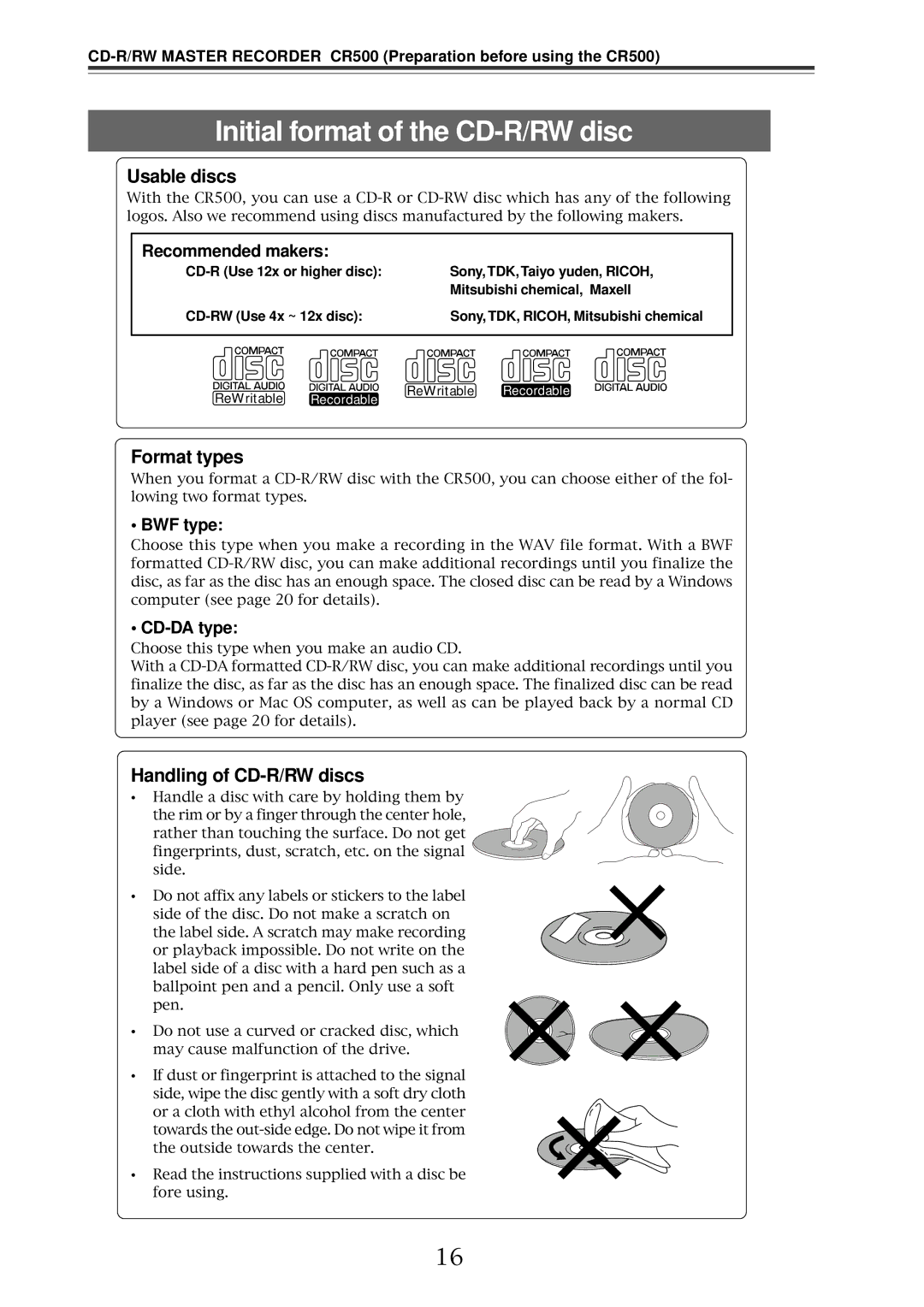 Fostex CR500 owner manual Initial format of the CD-R/RW disc, Usable discs, Format types, Handling of CD-R/RW discs 