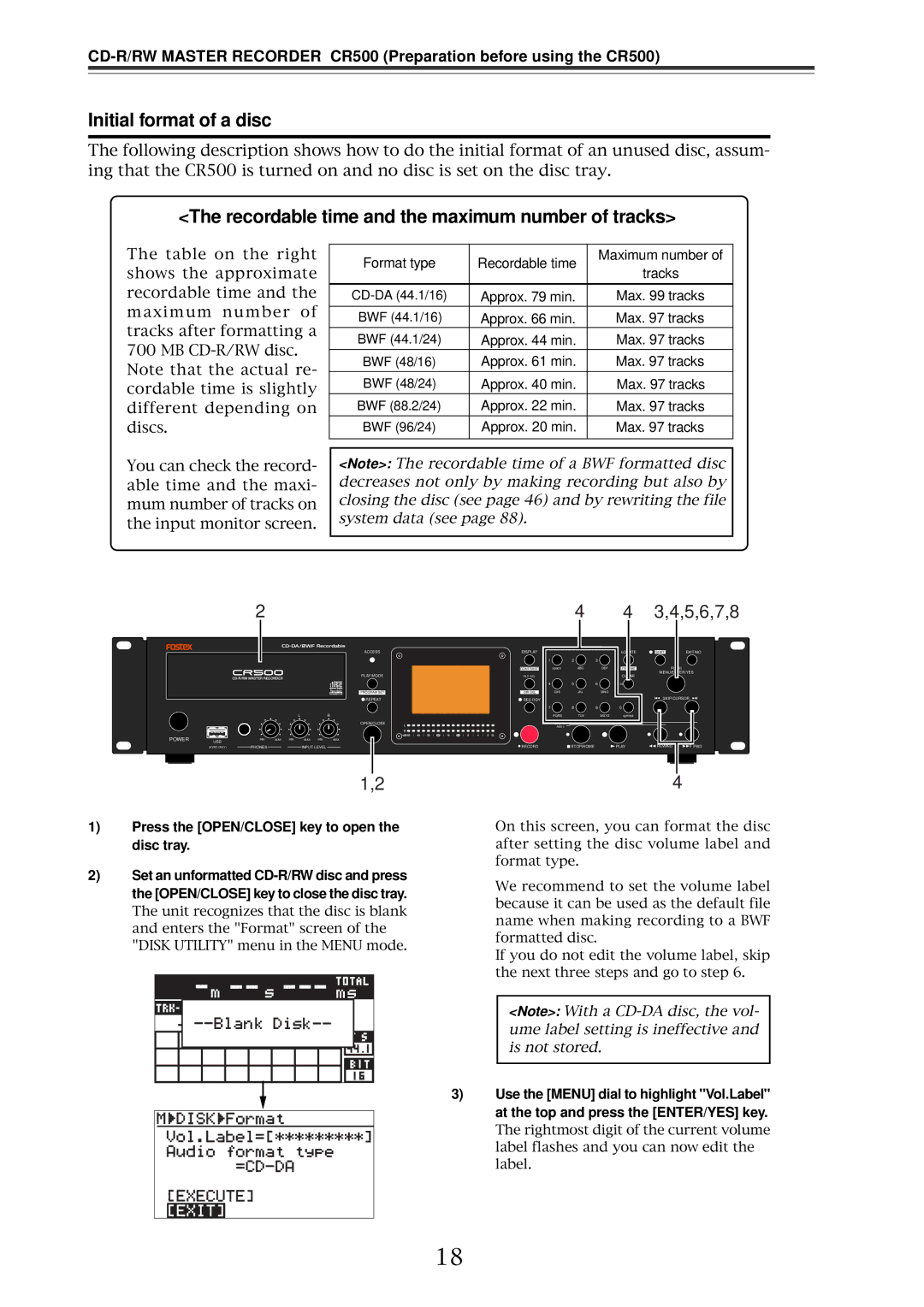 Fostex CR500 owner manual Initial format of a disc, Recordable time and the maximum number of tracks 