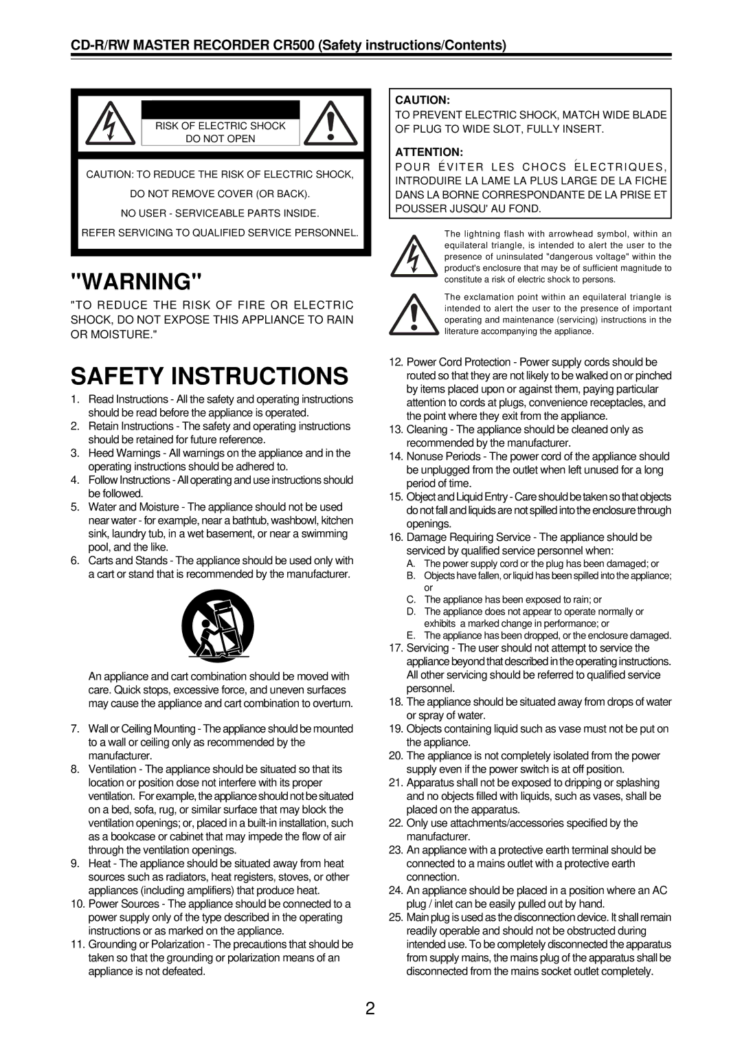 Fostex owner manual Safety Instructions, CD-R/RW Master Recorder CR500 Safety instructions/Contents 