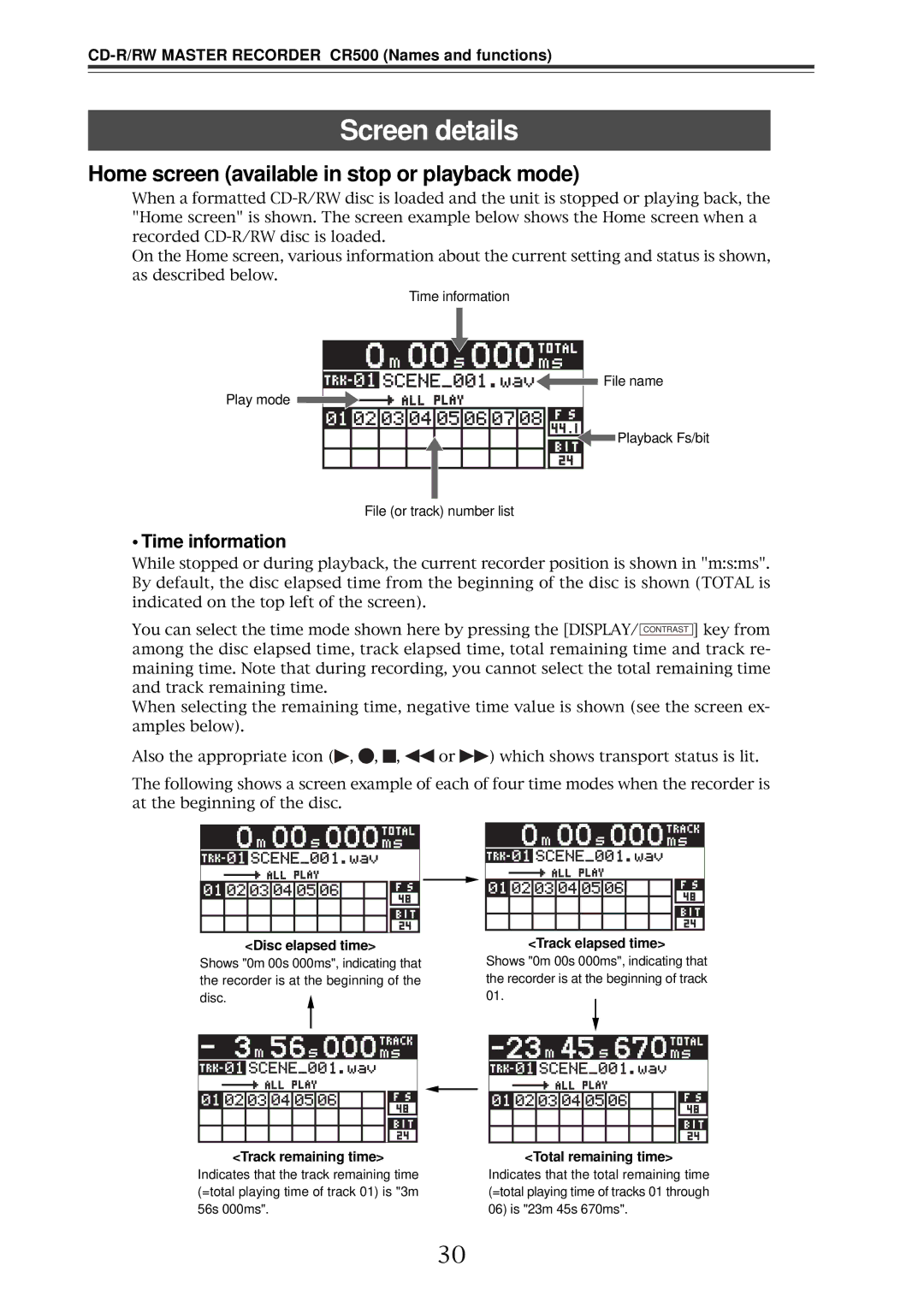 Fostex CR500 owner manual Screen details, Time information, Disc elapsed time, Track remaining time, Total remaining time 