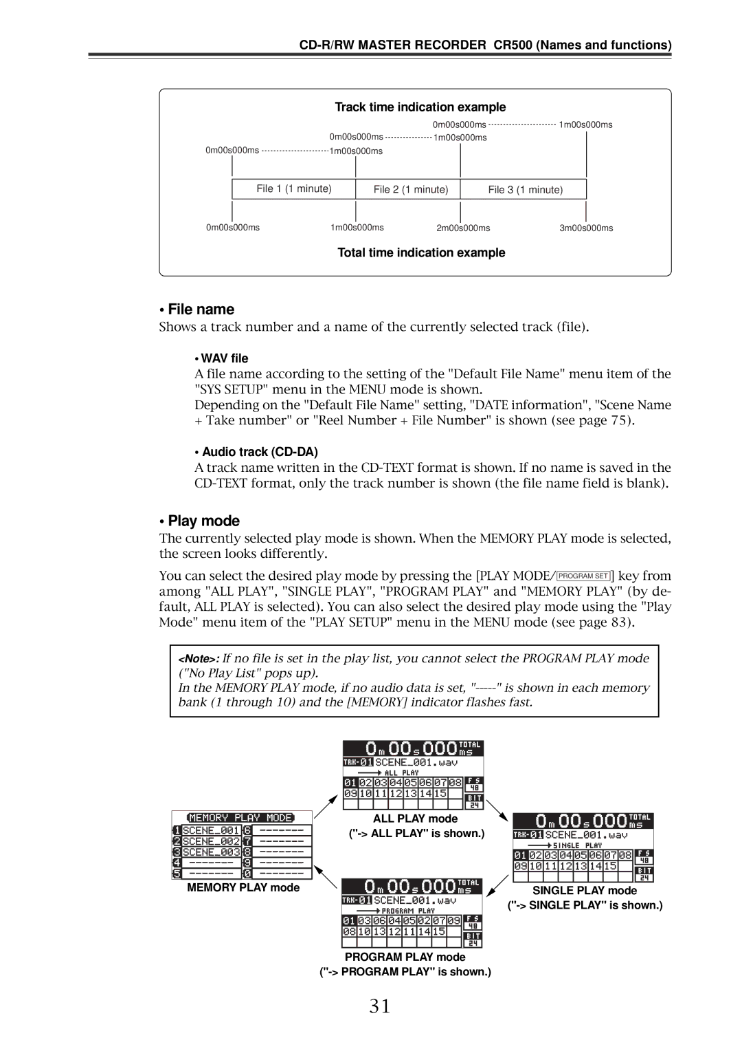 Fostex CR500 owner manual File name, Play mode, Total time indication example, WAV file, Audio track CD-DA 