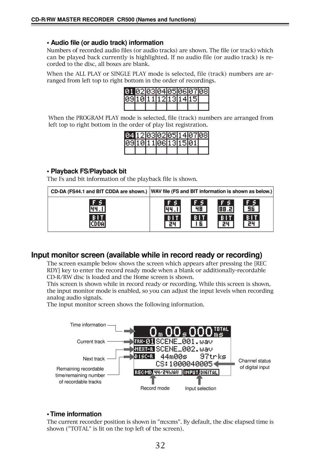 Fostex CR500 owner manual Audio file or audio track information, Playback FS/Playback bit 