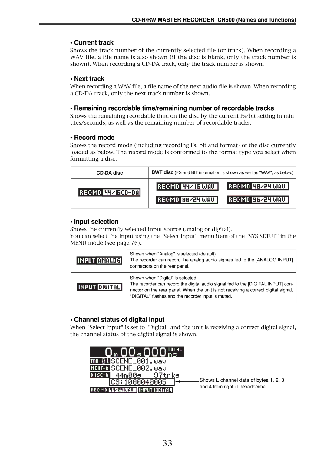 Fostex CR500 owner manual Current track, Next track, Record mode, Input selection, Channel status of digital input 