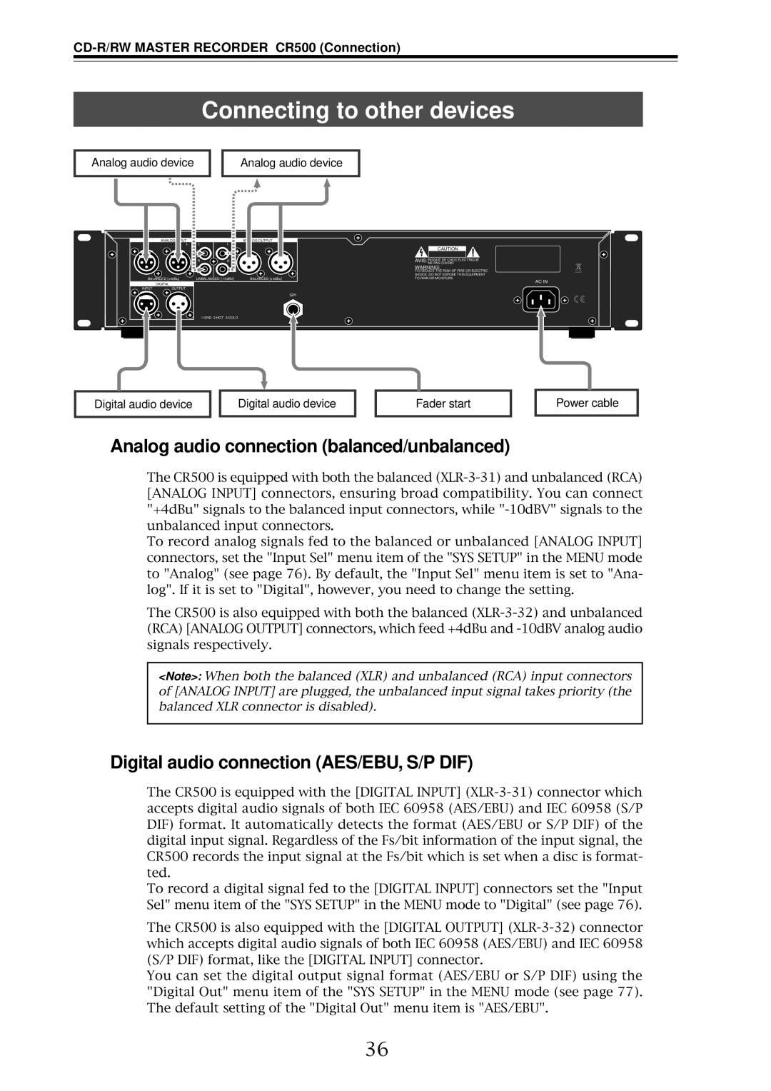 Fostex CR500 owner manual Connecting to other devices, Analog audio device 