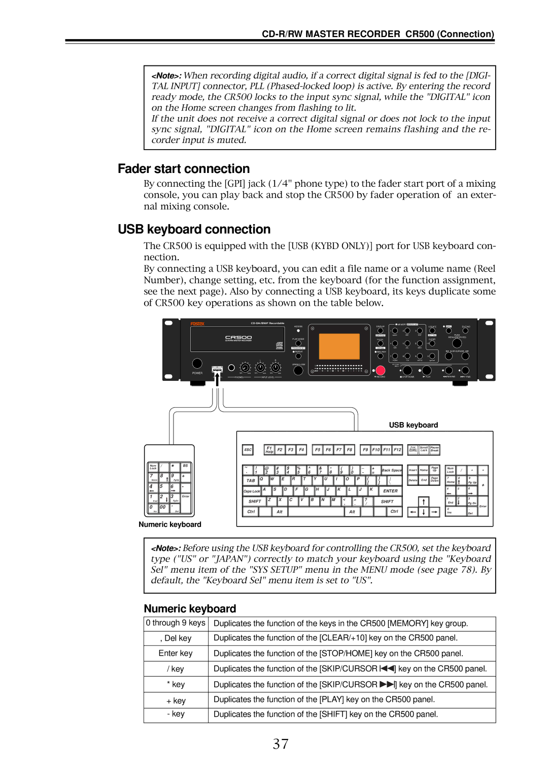 Fostex CR500 owner manual Fader start connection, Numeric keyboard 