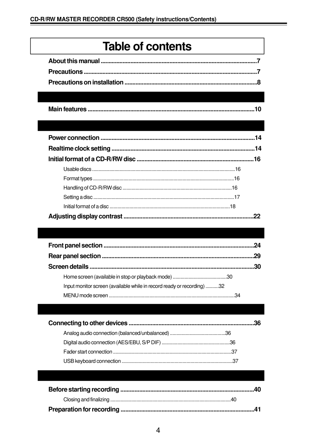 Fostex CR500 owner manual Table of contents 