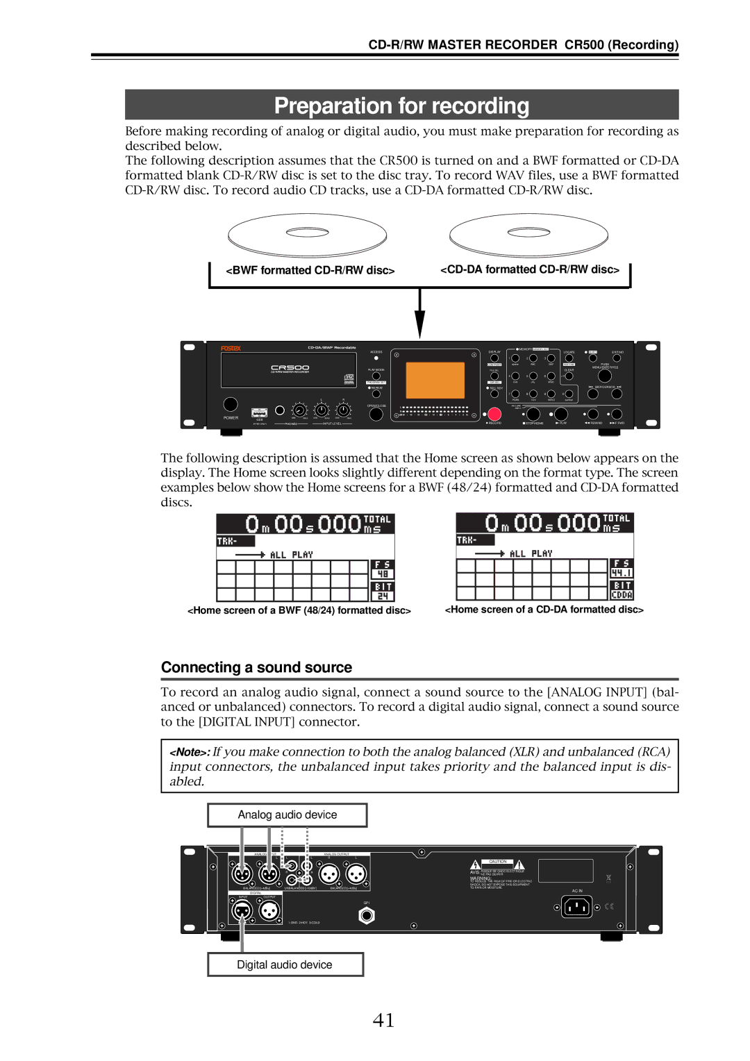 Fostex CR500 Preparation for recording, Connecting a sound source, BWF formatted CD-R/RW disc CD-DA formatted CD-R/RW disc 