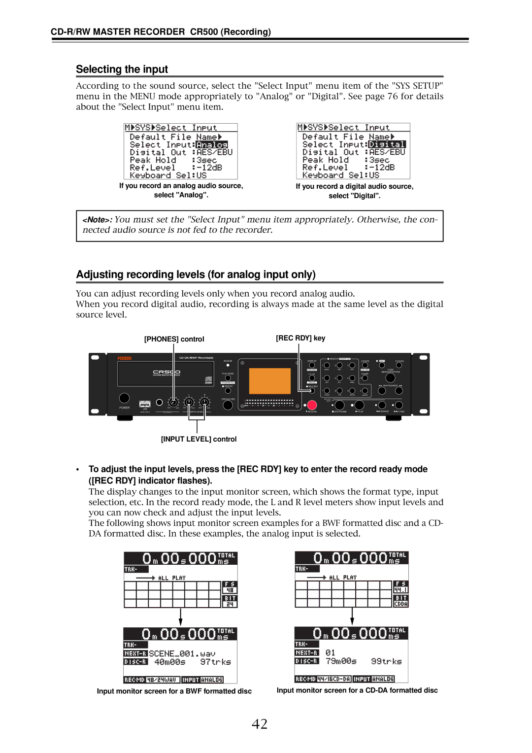 Fostex CR500 owner manual Selecting the input, Adjusting recording levels for analog input only 