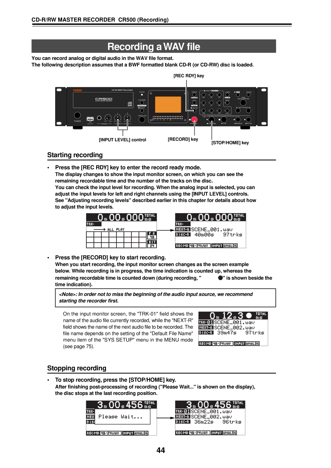 Fostex CR500 owner manual Recording a WAV file, Starting recording, Stopping recording 