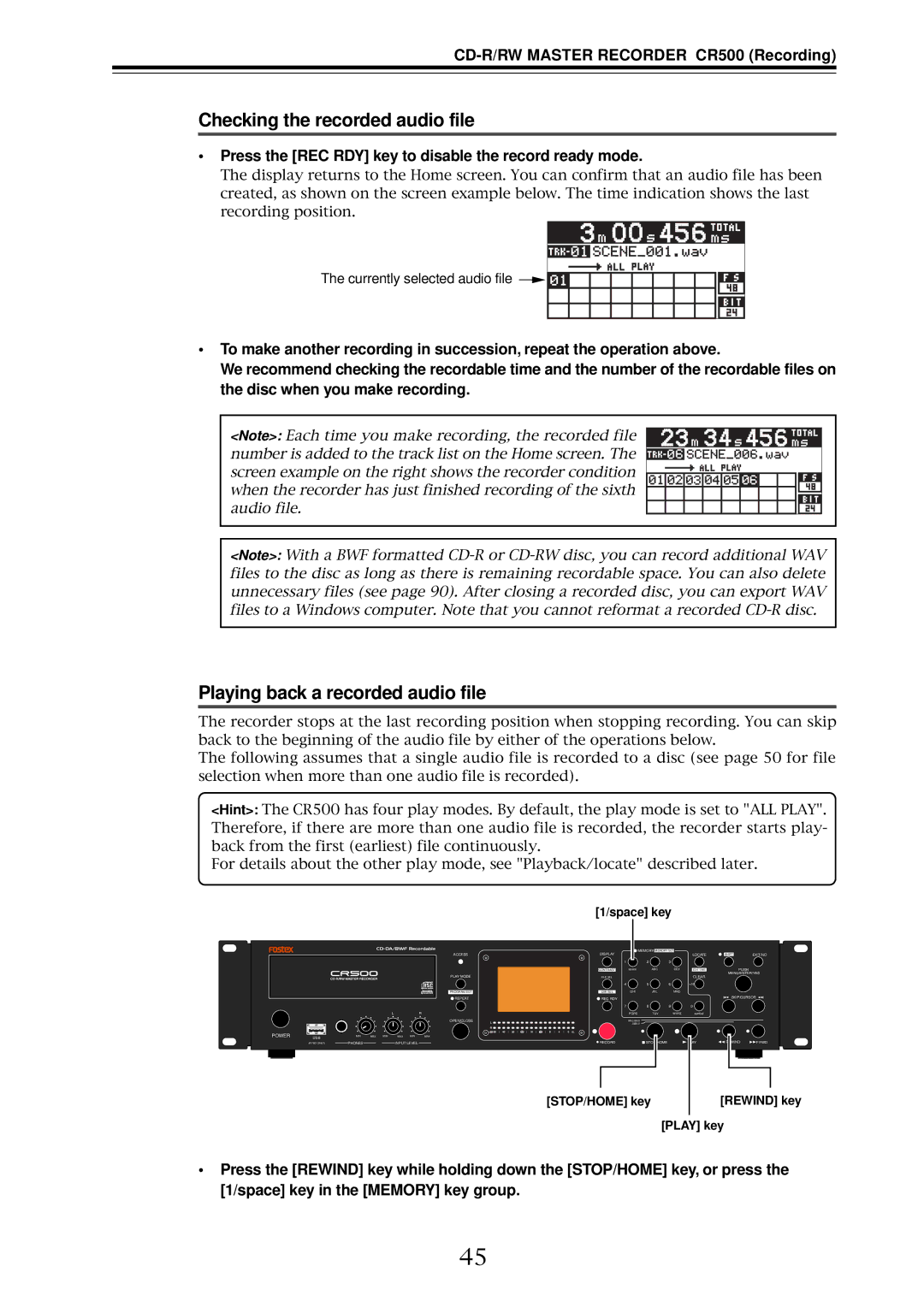 Fostex CR500 owner manual Checking the recorded audio file, Playing back a recorded audio file 