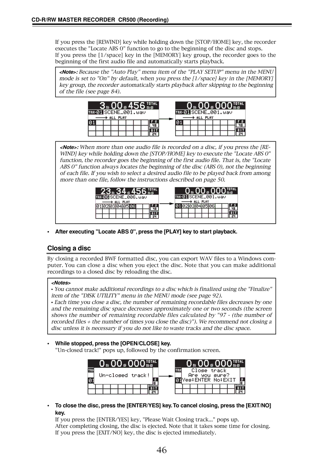 Fostex CR500 owner manual Closing a disc, While stopped, press the OPEN/CLOSE key 