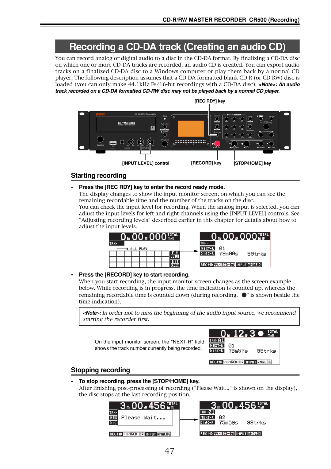 Fostex CR500 owner manual Recording a CD-DA track Creating an audio CD, Starting recording 