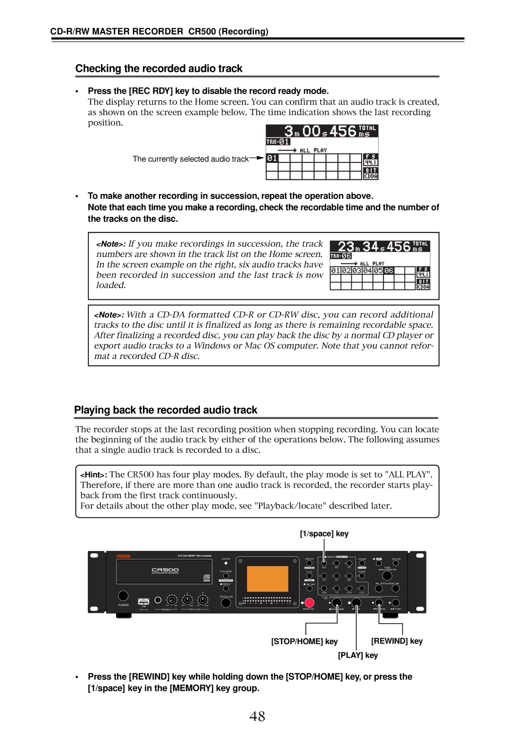 Fostex CR500 owner manual Checking the recorded audio track, Playing back the recorded audio track, Space key 