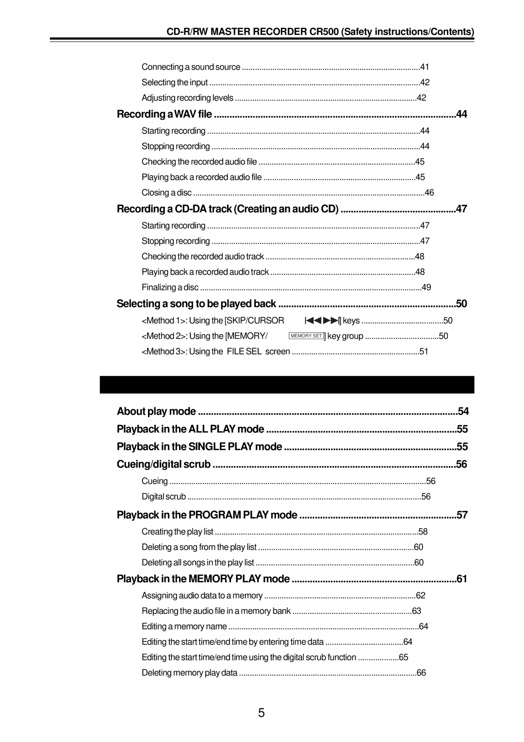 Fostex CR500 owner manual Recording aWAV file, Selecting a song to be played back, Playback in the Memory Play mode 