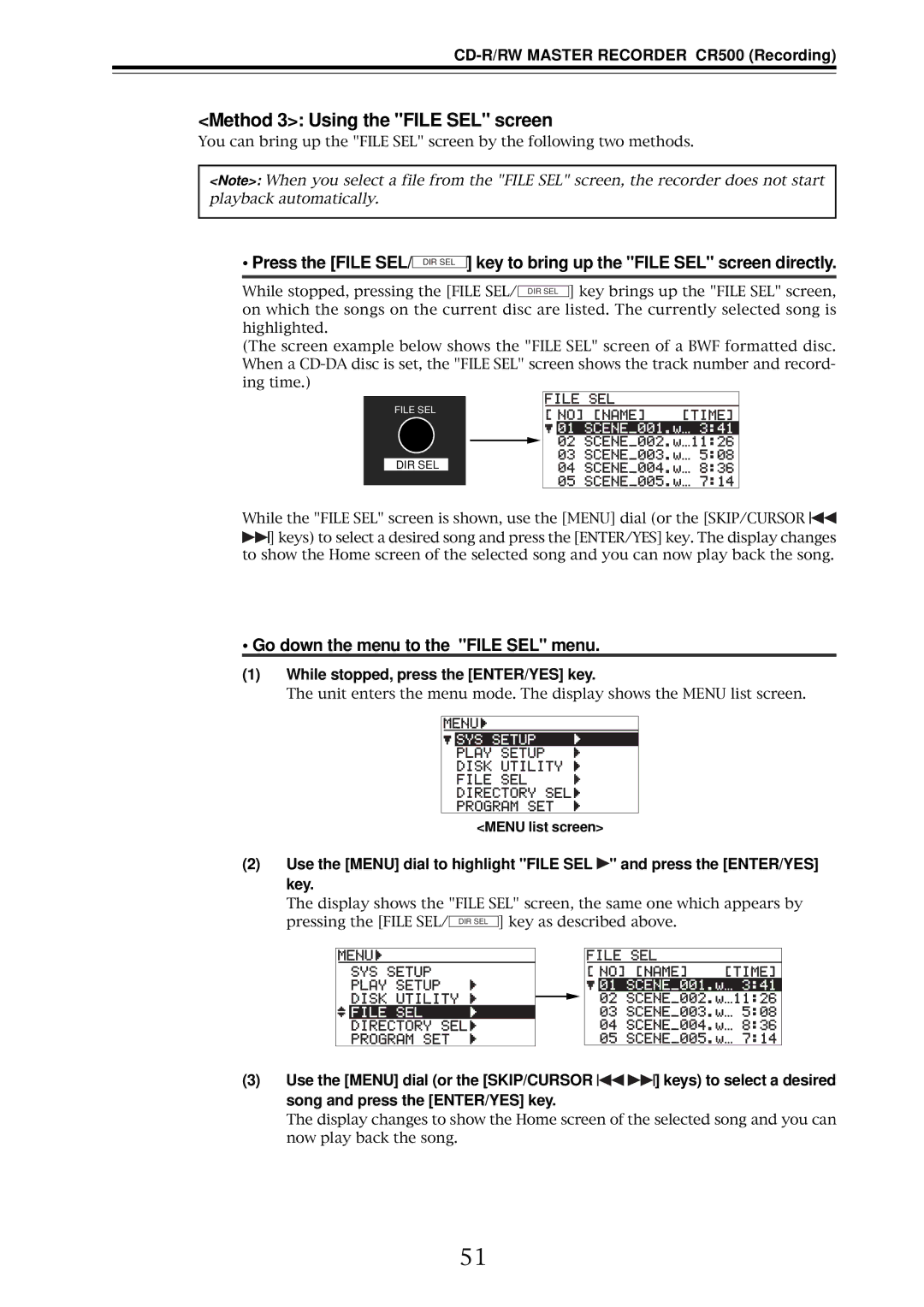 Fostex CR500 owner manual Method 3 Using the File SEL screen, Go down the menu to the File SEL menu, Menu list screen 